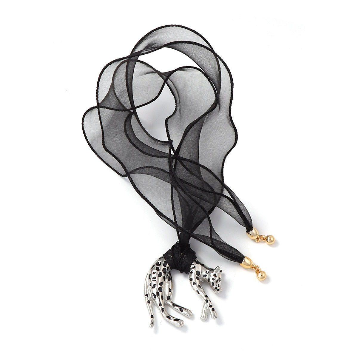 Vintage Wild Style Alloy Dripping Oil Leopard Pendant Statement Sweater Chain Necklace with Ribbon Tie - Bold and Unique Fashion Accessory