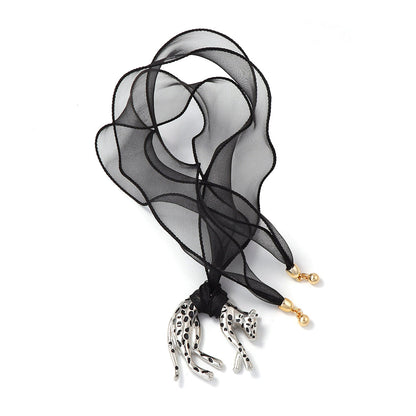 Vintage Wild Style Alloy Dripping Oil Leopard Pendant Statement Sweater Chain Necklace with Ribbon Tie - Bold and Unique Fashion Accessory