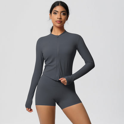 Soft Brushed Zip Up Jacket and High Waisted Short Yoga Set for Outdoor Sports and Fitness Training