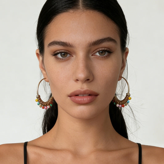 Bohemian-Inspired Statement Earrings: Unique Round Beaded Alloy Geometric Drop Earrings for Women - Trendy Thai Design