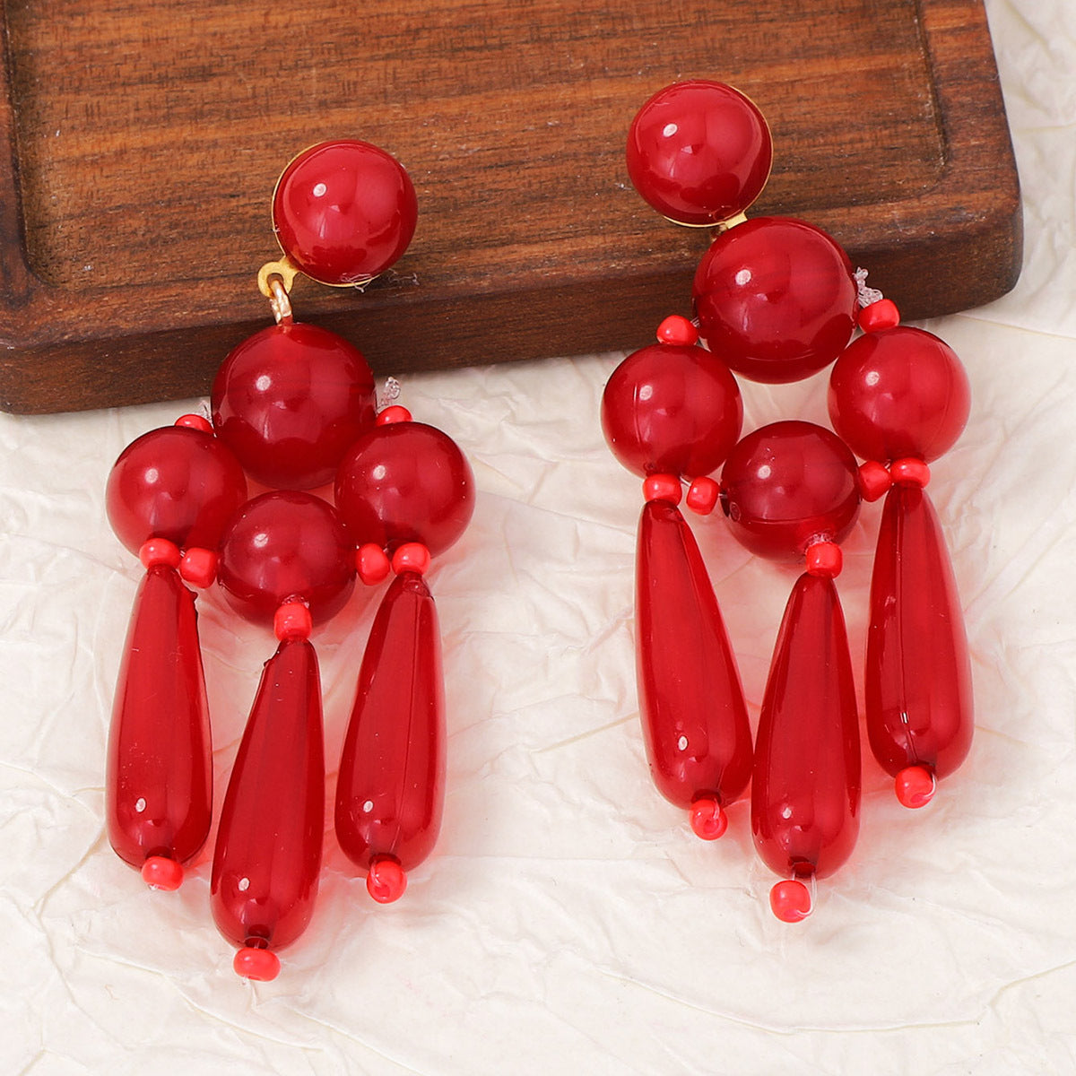 Bohemian Chic Oversized Geometric Beaded Tassel Earrings with Button Closure - Elegant Water Drop Design for Modern Women