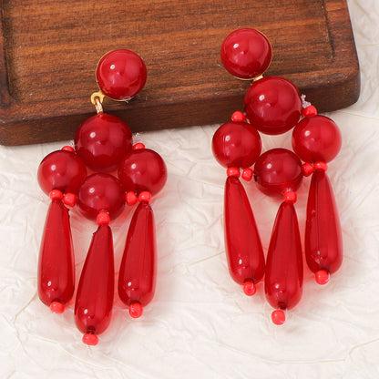 Bohemian Chic Oversized Geometric Beaded Tassel Earrings with Button Closure - Elegant Water Drop Design for Modern Women