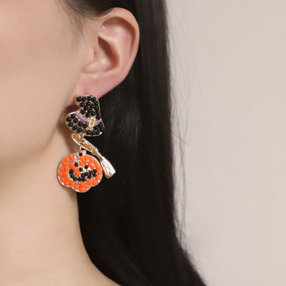 Trendy Halloween Creative Niche Design Harry Hat with Broom and Pumpkin Dangle Earrings – Perfectly Versatile Accessories for Spooky Season