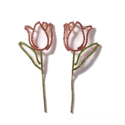 Luxurious Long Colorful Diamond Tulip Flower Earrings for Women - Exquisite Water Rhinestone Studs with an Elegant High-End Appeal