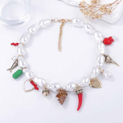 Elegant Baroque-Inspired Faux Pearl Heart Alloy with Ceramic Fish and Seashell Pendants – Stunning Women’s Necklace Collection