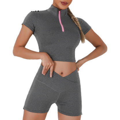 Women's Color Block Yoga Set with Zippered Short Sleeve Top and High Waisted Bum Lifting Shorts for Yoga Fitness and Everyday Wear