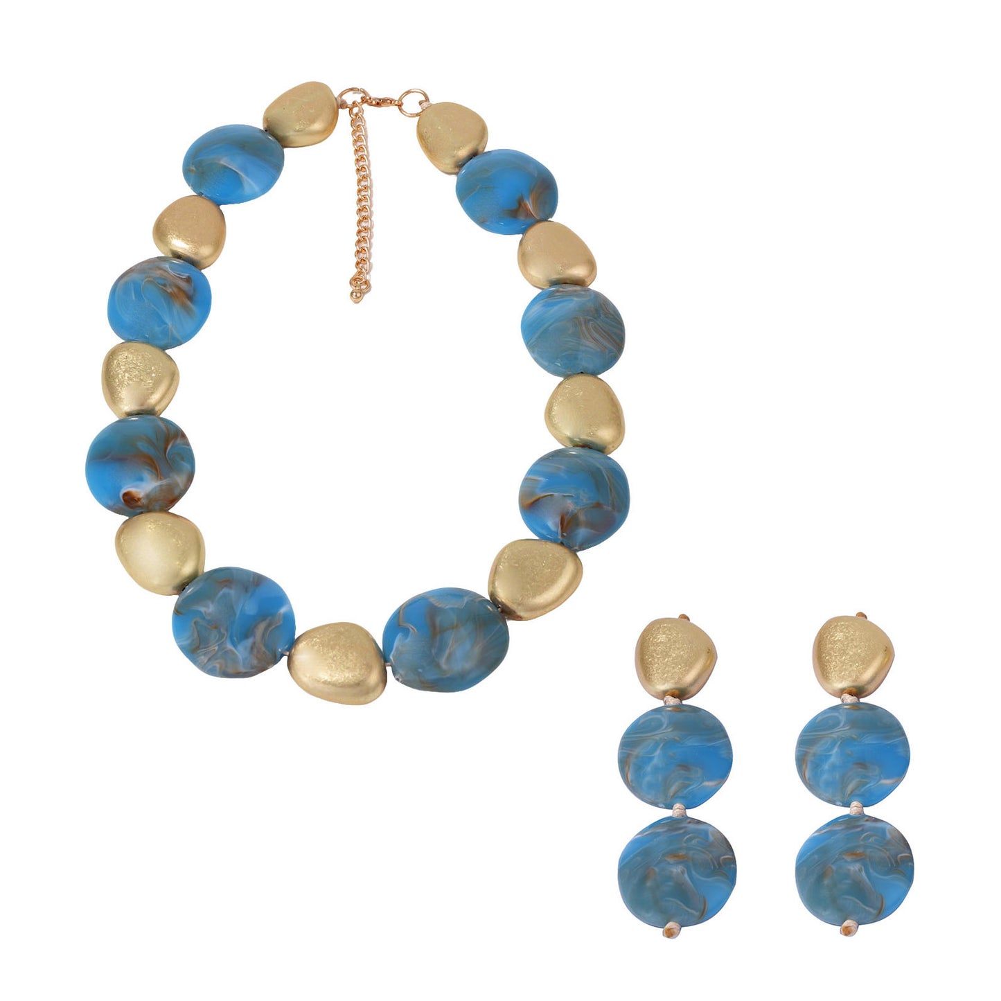 Vintage-Inspired Bohemian Style Statement Necklace and Earrings Set with Bold Geometric Blue Beaded Design - Unique and Eye-Catching Jewelry for Women