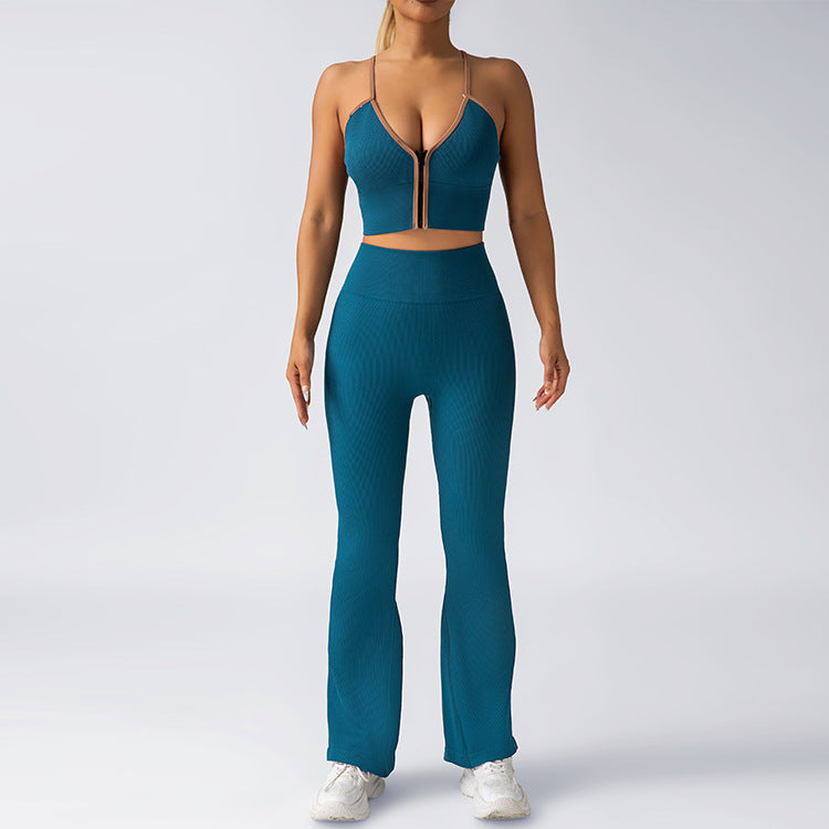 High Waisted Yoga Set with Zippered Flared Pants and Built In Chest Padding for Outdoor Sports Fit and Fashion