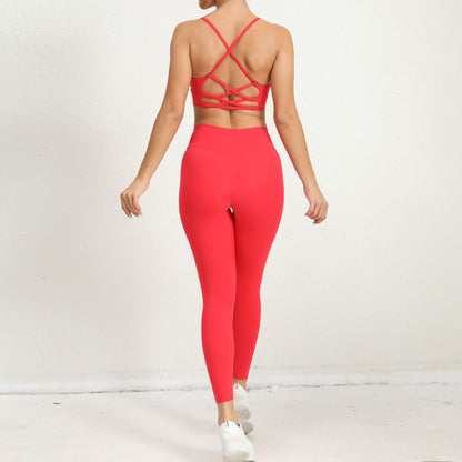 Women's Yoga Set with High Waisted Leggings Shock Absorbing Sports Bra and Flattering Back Design for Running and Fitness