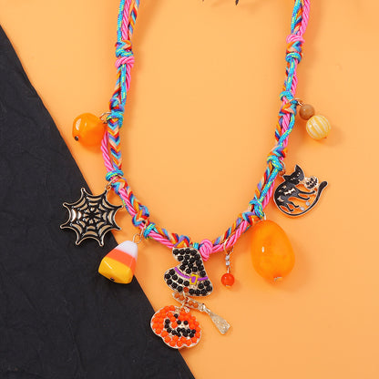 Stylish Halloween-Inspired Minimalist Braided Alloy Pumpkin Spider Pendant Necklace for Women – Perfect for Festive Celebrations and Everyday Wear!