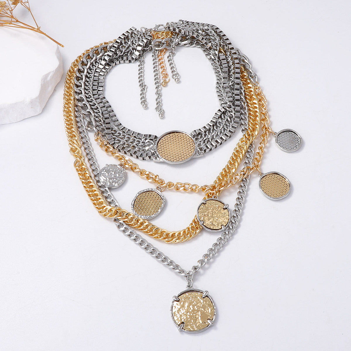 Trendy Geometric Badge Pendant Layered Chain Necklace Set for Women - Hip-Hop Punk Style Jewelry with Unique Personalization