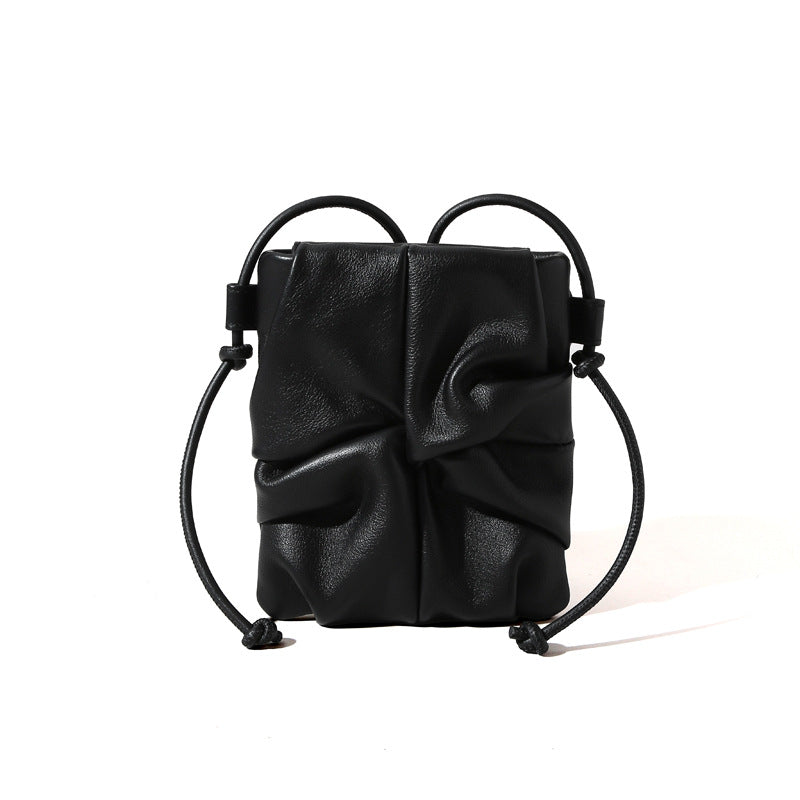 Elegant Spring Summer Genuine Leather Wrinkled Crossbody Bag for Women Unique Mini Design Minimalist Grain Cowhide Shoulder Bag