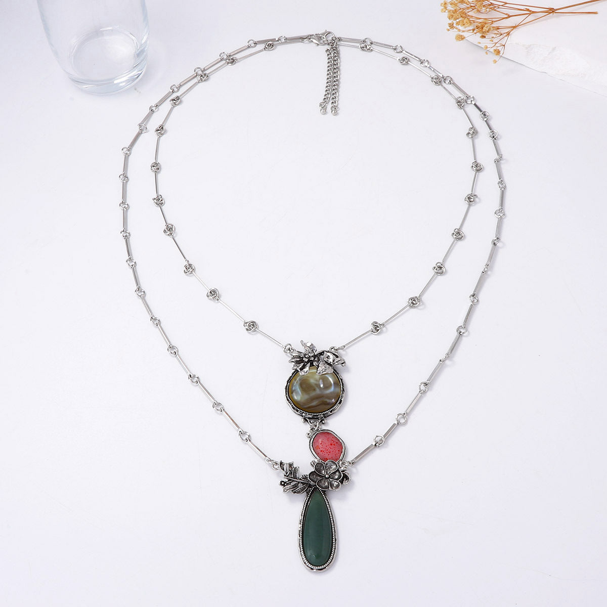 Bohemian-Inspired Alloy Geometric  Floral Inlay Resin Gemstone Multi-Layer Necklace – Perfect for Adding a Touch of Unique Style to Any Outfit