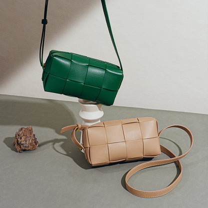 Chic Korean Style Versatile Genuine Leather Women's Woven Checkered Crossbody Bag Quality Small Square Shoulder Bag with Sophisticated Feel