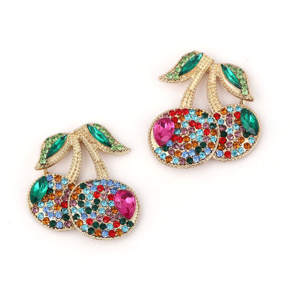 Trendy Fresh Fruit Cherry Alloy Earrings with Sparkling Rhinestones - Elegant Versatile Luxury for Every Occasion