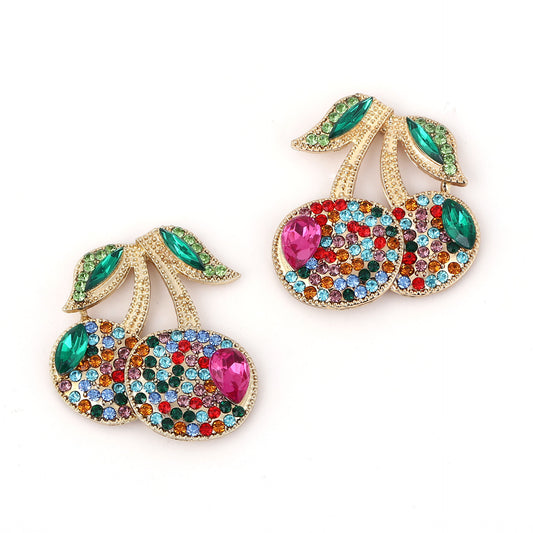 Trendy Fresh Fruit Cherry Alloy Earrings with Sparkling Rhinestones - Elegant Versatile Luxury for Every Occasion