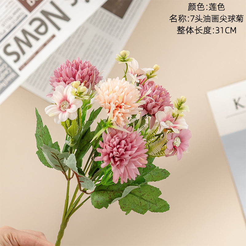 7-Head Artistic Oil Painting Ball Chrysanthemum Home Decor - INS Style Faux Flowers for Wedding and Celebration - Model MW81003