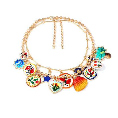 Stylish Alloy Floral Print Pendant Necklace with Double Chain - Unique Colorful Flower Design for Women's Casual Wear