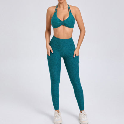 High Waisted Color Blocked Yoga Set with Side Pockets Two Piece Moisture Wicking Workout Outfit for Comfort and Style