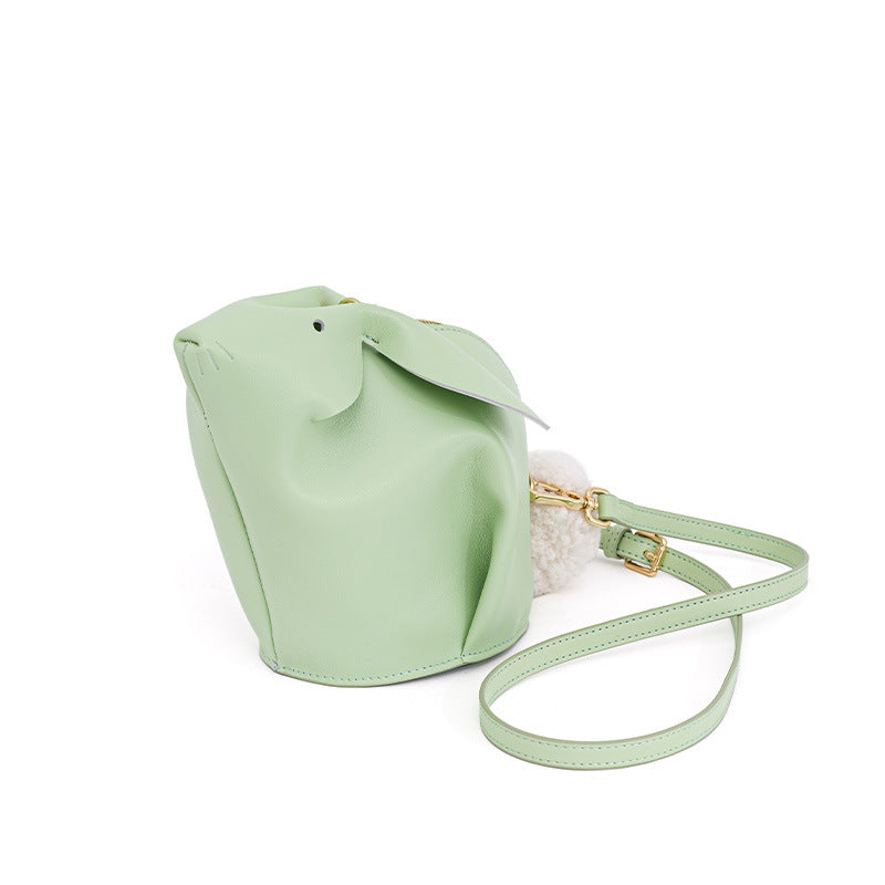 Charming Genuine Leather Rabbit Crossbody Bag for Women Cute Soft Sheepskin with Furry PomPom for Style