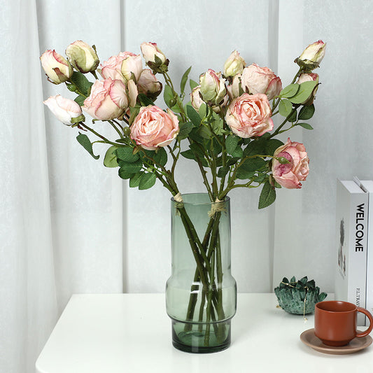 Realistic 3-Head Bundled Edged Rose Flowers - Elegant Faux Floral Decoration for Home and Living Room Centerpieces