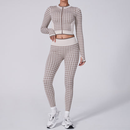 Chic Houndstooth Pattern Sports Jacket and Yoga Set Women's Fitness and Leisure Wear with High Waisted Yoga Pants for Comfort and Style