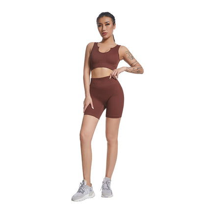 Seamless V Neck Ribbed Yoga Outfit Set for Women Striped Sports Bra and High Waisted Compression Shorts for Comfort and Flexibility