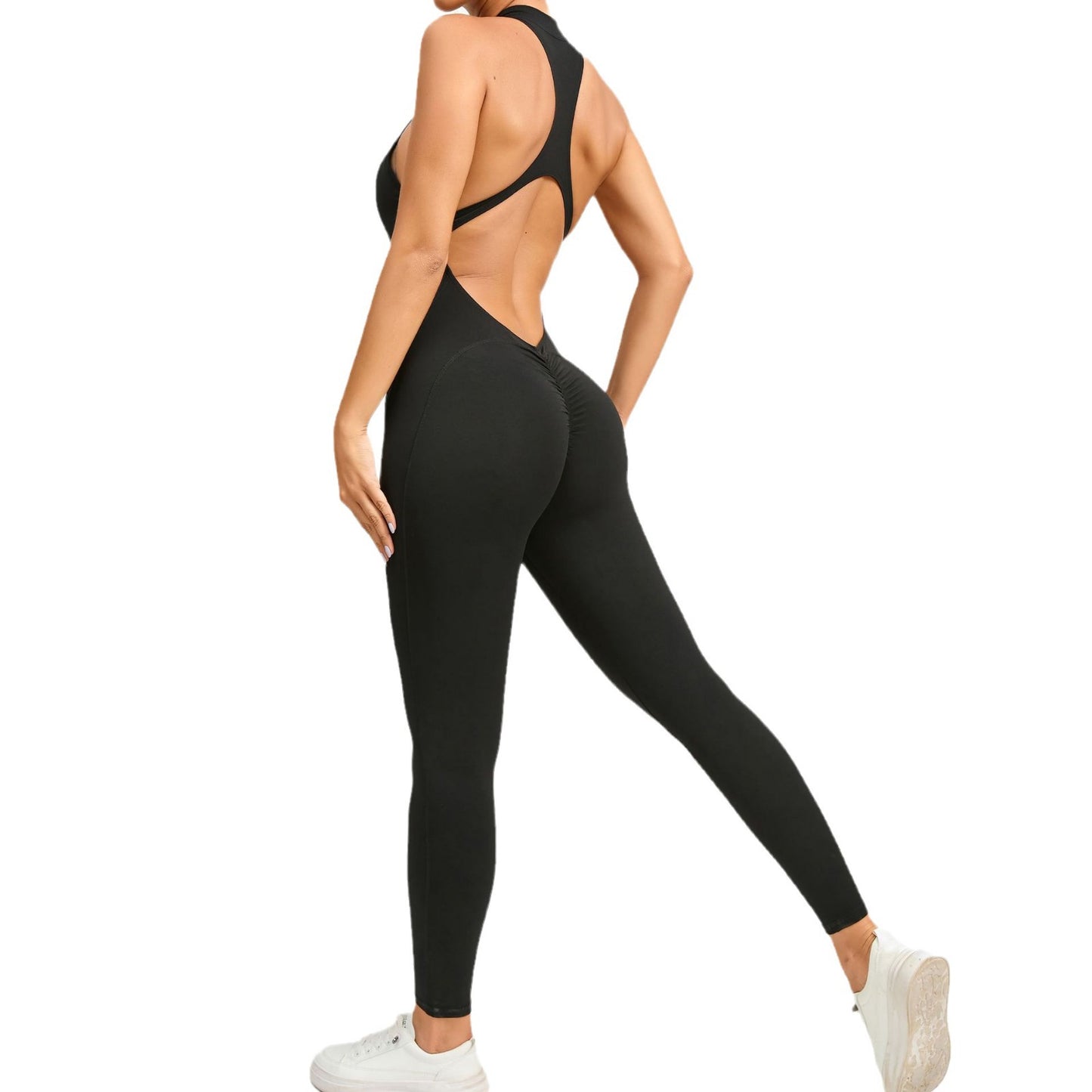 All in One Zippered Yoga Jumpsuit with Hollow Back Design for Running and Fitness and Comfortable Yoga Bodysuit