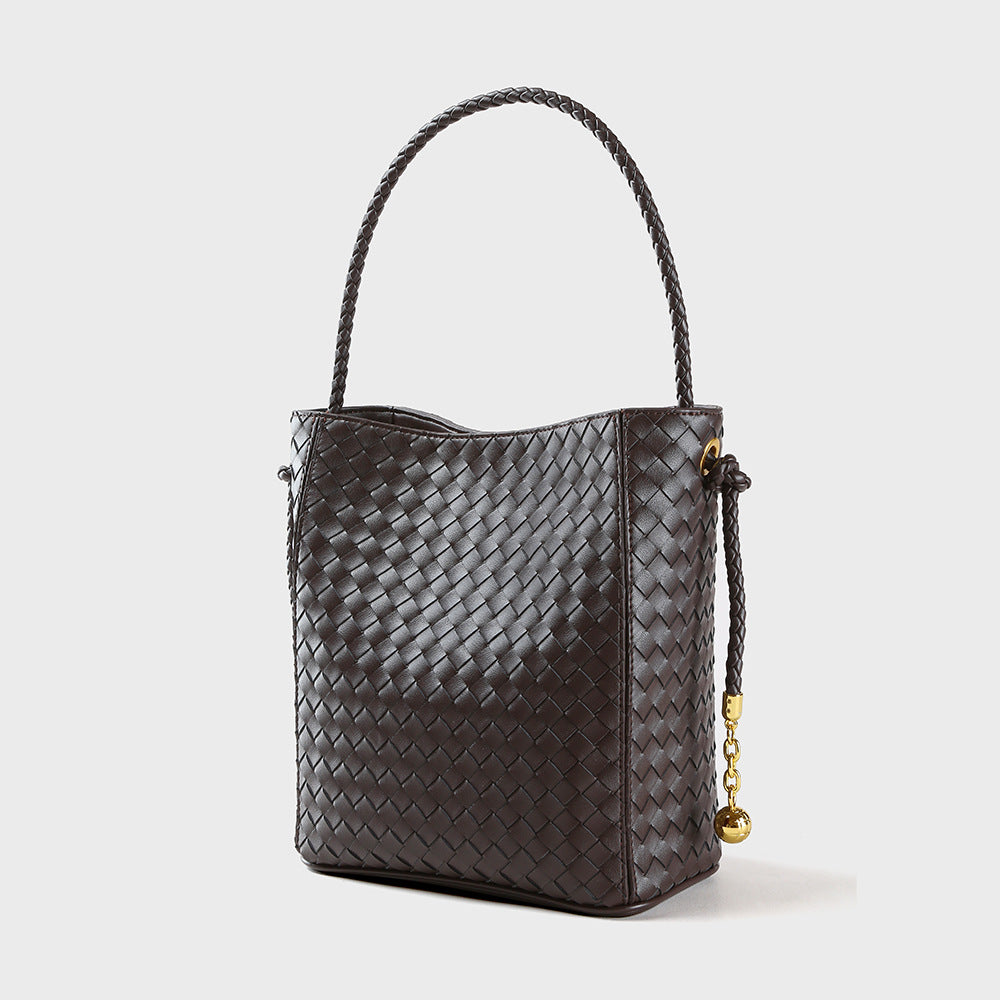 Chic Women's Leather Tote Bag Cowhide Bucket Bag for Everyday Commuting Spacious Weave Design for Work and Play