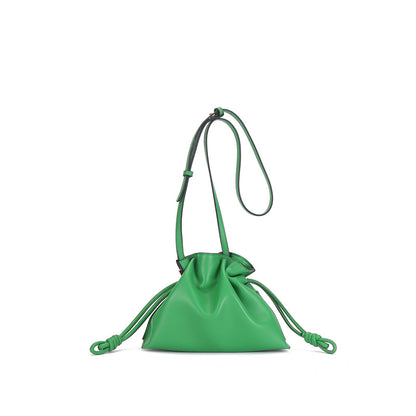 Minimalist Genuine Leather Women's Crossbody Bucket Bag Drawstring Mini Purse with Shoulder Strap for Everyday Use