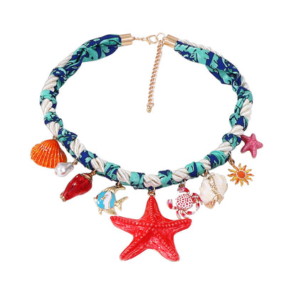 Coastal Charm Alloy Drip Oil Sea Star Shell Fish Print Crab Pendant Braided Necklace – Perfect Nautical Jewelry for Beach Lovers
