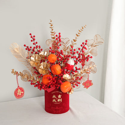 Festive New Year's Floral Arrangement in Red Holly with Charming Golden Wooden Hydrangea and Eucalyptus – Perfect Seasonal Decoration for Your Home