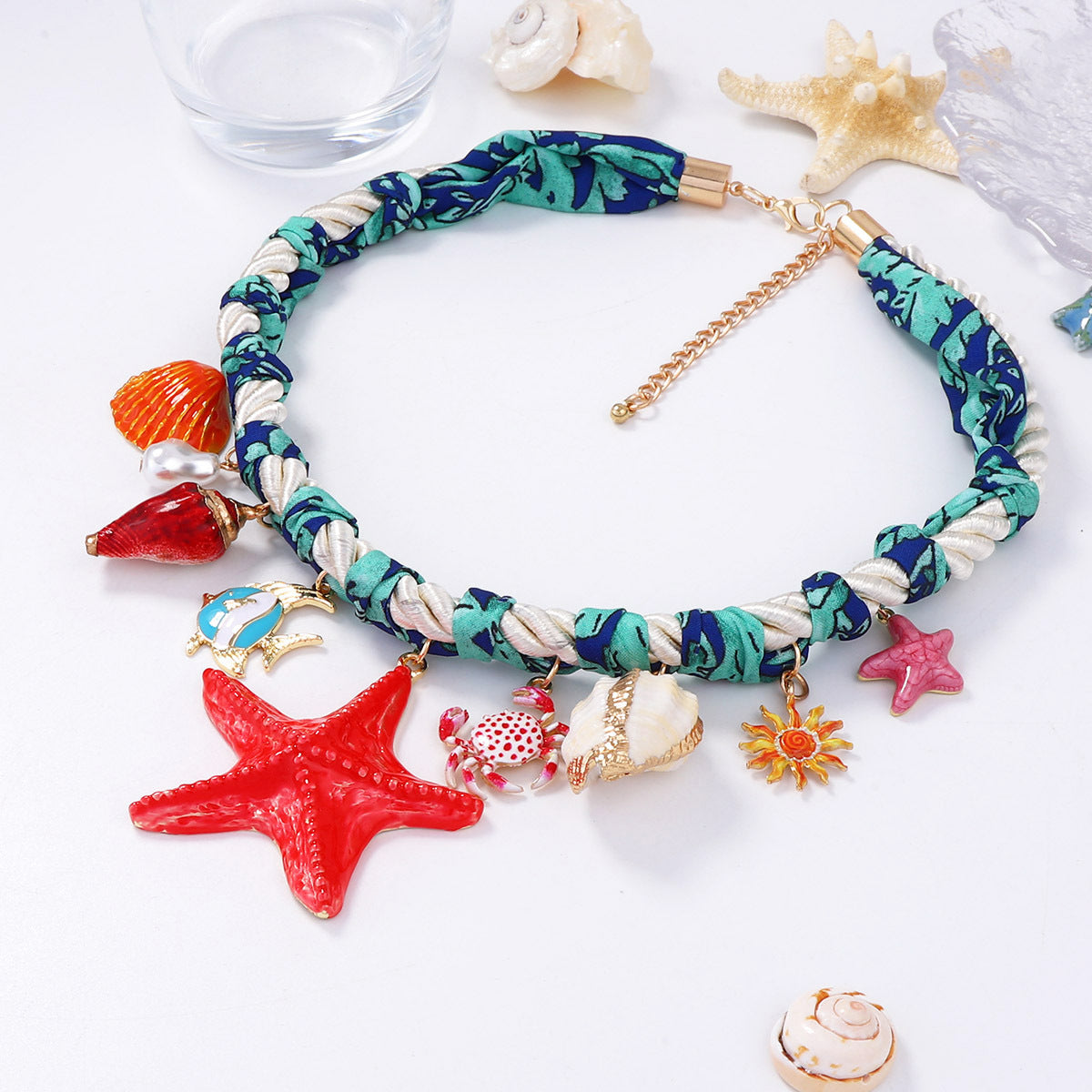 Coastal Charm Alloy Drip Oil Sea Star Shell Fish Print Crab Pendant Braided Necklace – Perfect Nautical Jewelry for Beach Lovers