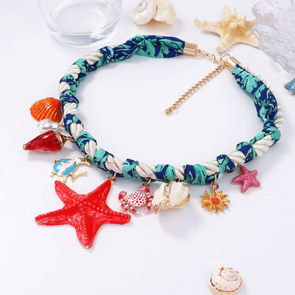Coastal Charm Alloy Drip Oil Sea Star Shell Fish Print Crab Pendant Braided Necklace – Perfect Nautical Jewelry for Beach Lovers
