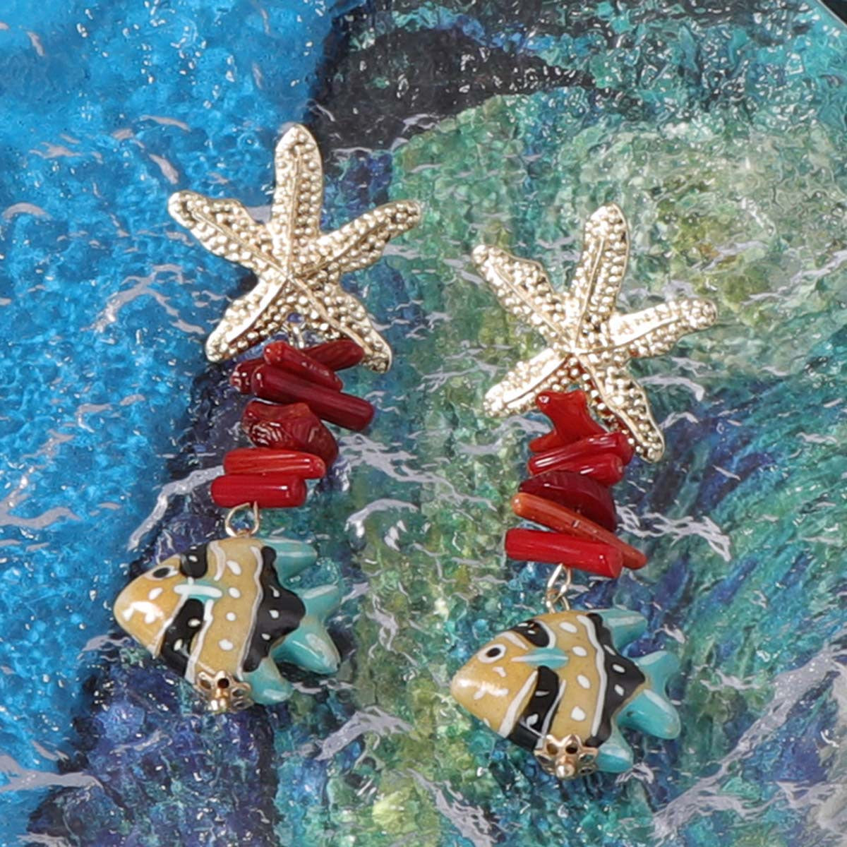 Stylish Summer Ocean-Inspired Alloy Starfish and Seashell Long Earrings with Colorful Fish - Trendy Unique Jewelry for Women