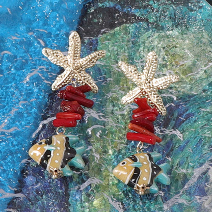 Stylish Summer Ocean-Inspired Alloy Starfish and Seashell Long Earrings with Colorful Fish - Trendy Unique Jewelry for Women