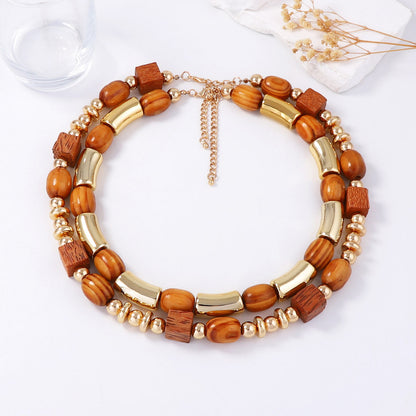 Chic Luxury Wood Beaded Multi-Layer Necklace & Bracelet for Women – Unique CCB Bamboo Joint Design, Perfect for Elegant Occasions