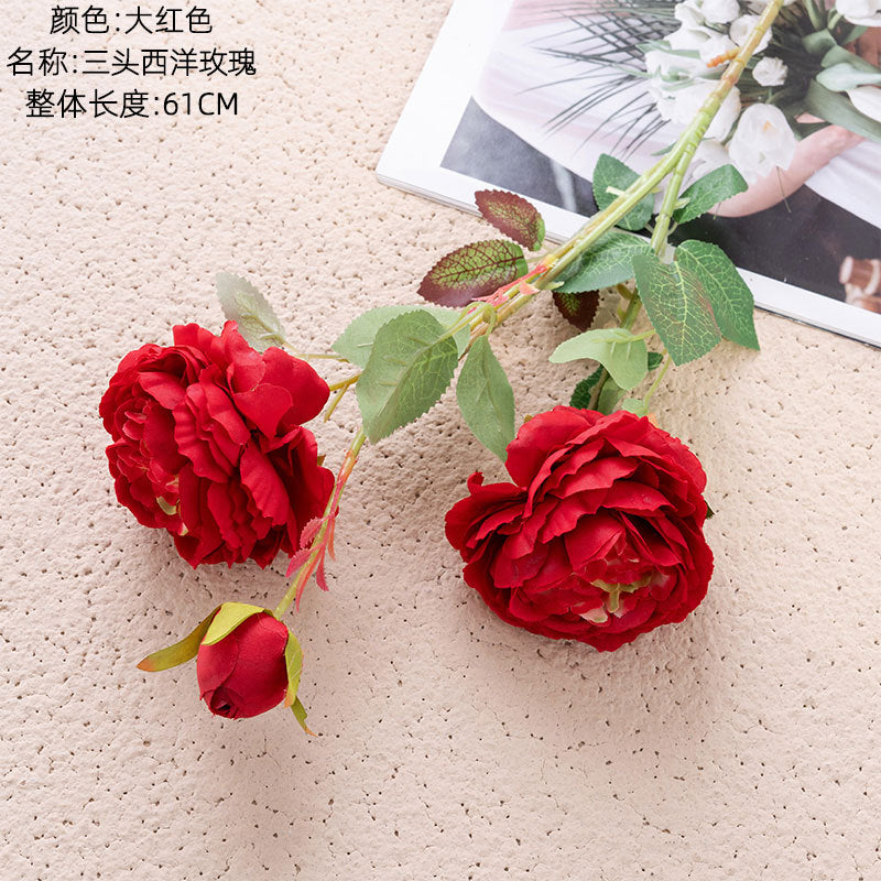 Elegant European-Style 3-Head Peony and Western Rose Artificial Flower Arrangement for Home Decor, Wedding Celebrations, and Wall Art - MW51010