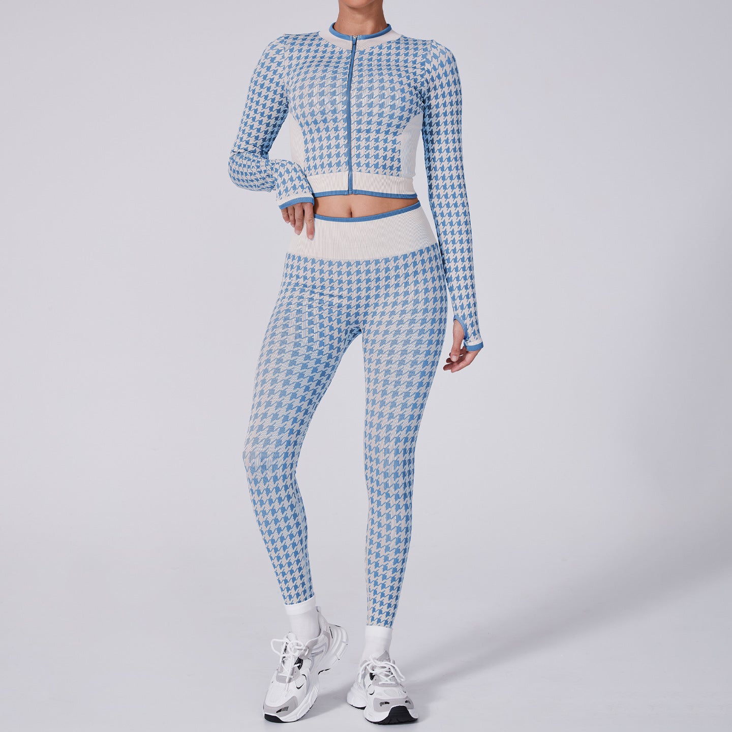 Chic Houndstooth Pattern Sports Jacket and Yoga Set Women's Fitness and Leisure Wear with High Waisted Yoga Pants for Comfort and Style