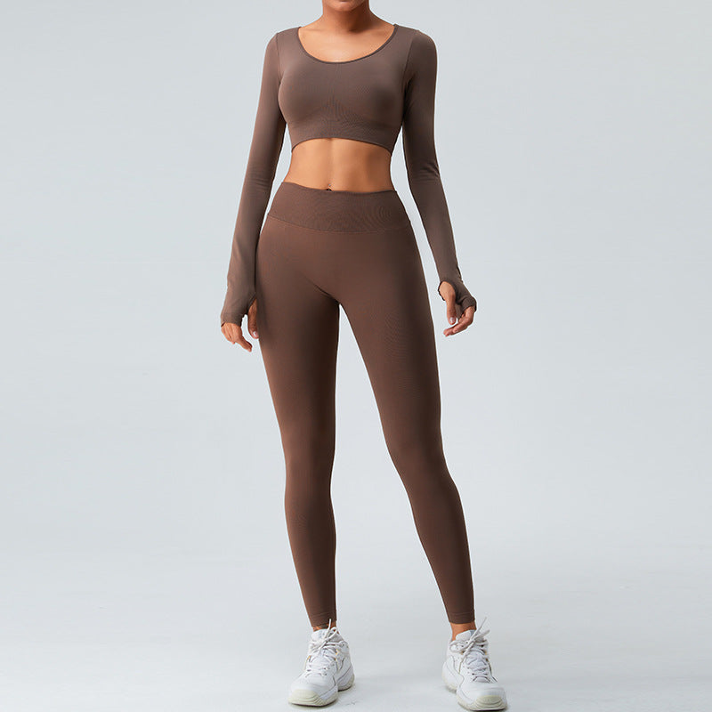 Women s Long Sleeve Yoga Top with Cross Back and V Waist Peach Designed Yoga Pants Activewear Set for Fitness and Training