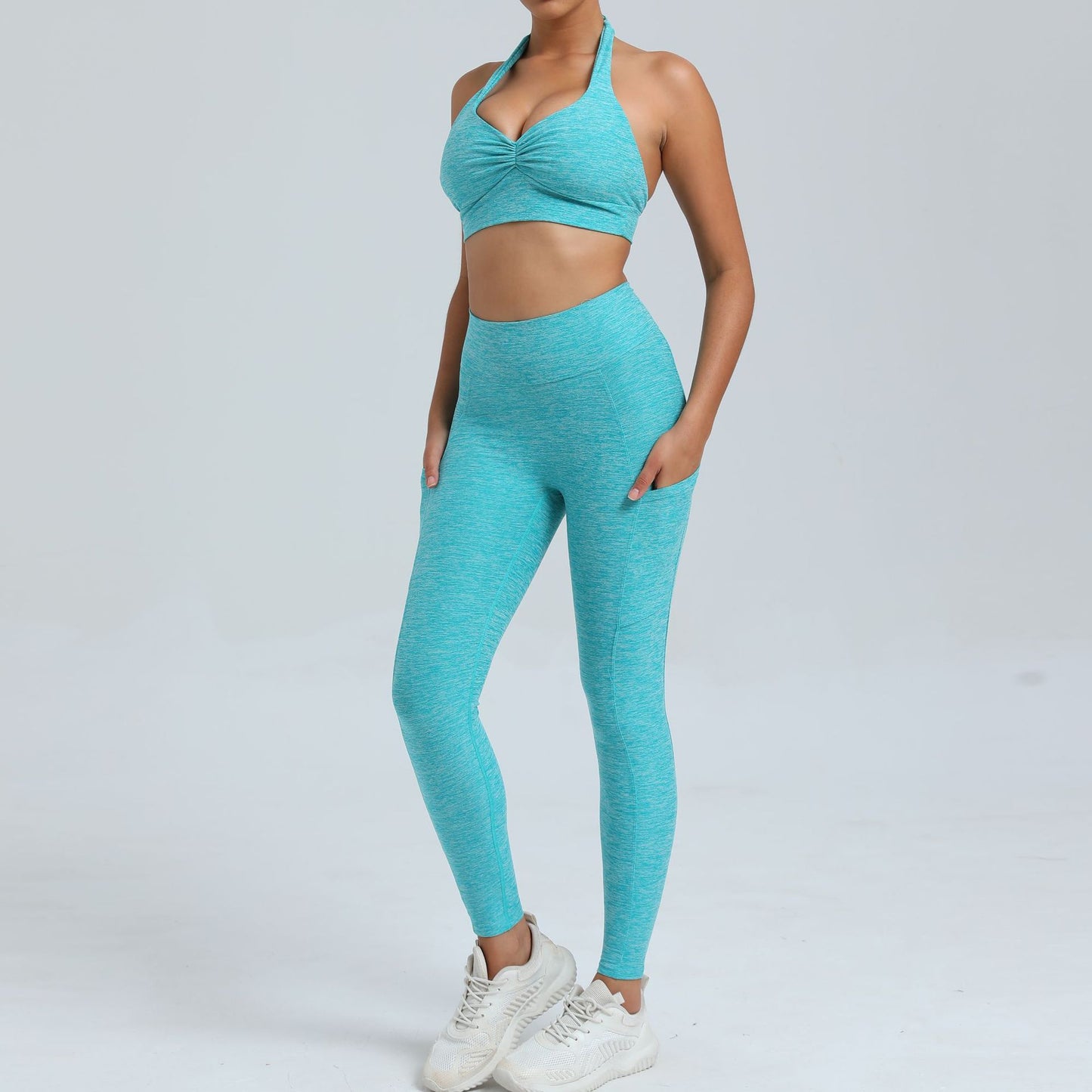 Fall Winter Yoga Outfit Set with Pockets V Waist Long Pants and Adjustable Neck Sports Bra for During Workouts