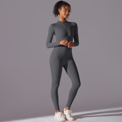 Open Collar Long Sleeve Zippered Bodysuit for Dance and Fitness Tight Fitting Women's Yoga Outfit for Comfort and Performance