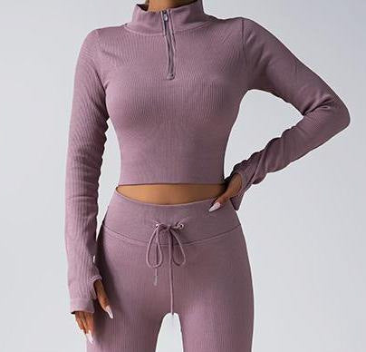 Chic Solid Color Zip Up Long Sleeve Fitness Set with Drawstring High Elastic Slim Fit Yoga Pants for Women for Fashionable Workouts and Daily Wear