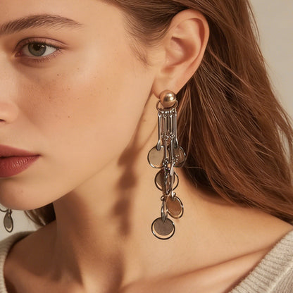 Chic Lightweight Two-Tone Metal Pendant with Modern Geometric Design – Long Tassel Earrings for a Fashion-Forward Look