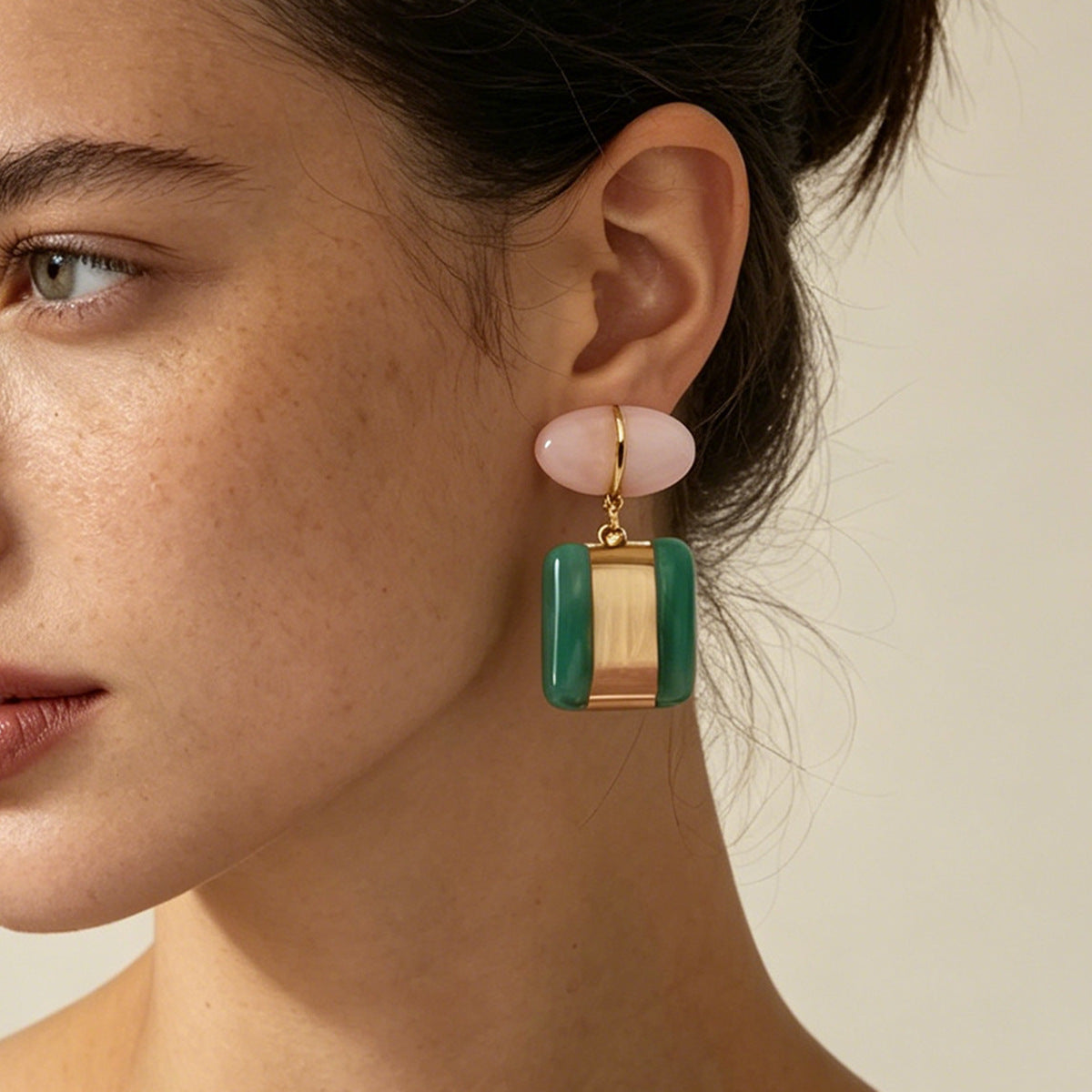 Elegant Geometric Alloy and Resin Gemstone Dual-Layer Drop Earrings for Women - Stylish, Lightweight, and Perfect for Any Occasion
