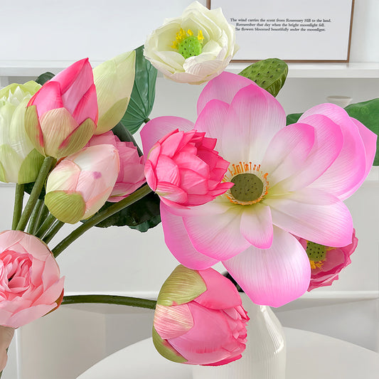 Realistic Pink Lotus Flower Arrangement with Lotus Leaves and Pods - Perfect Faux Floral Decor for Living Rooms, Photography Props, and Home Accents