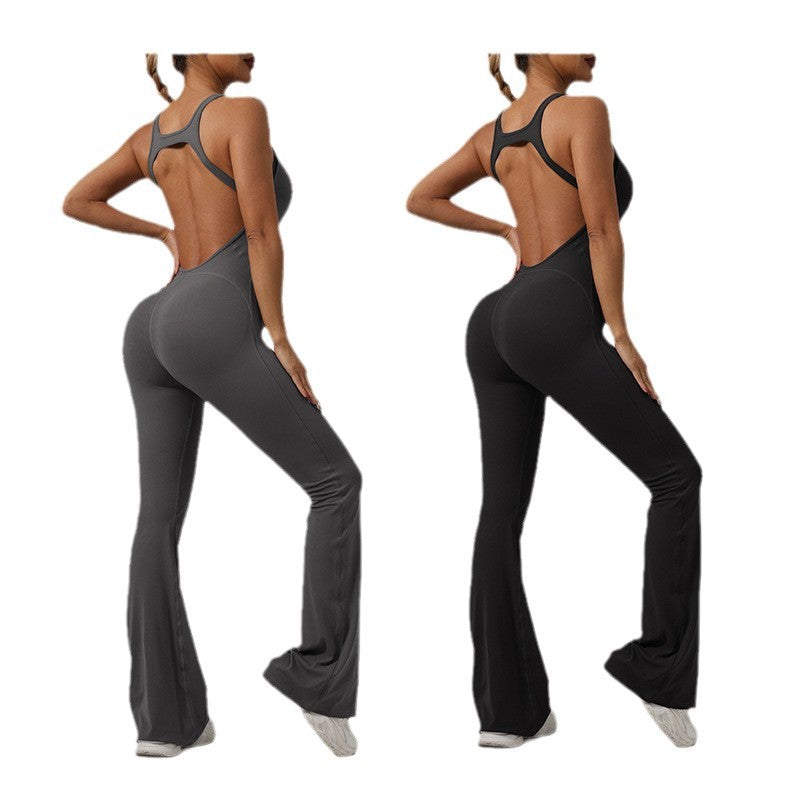 Women's 2 Color Stretchy Backless Flare Jumpsuit for Yoga Running and Fitness Training Comfortable Workout Apparel