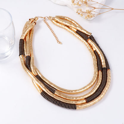 Chic Casual Punk-Inspired Multi-Layered Metal and Wood Beaded Necklace for Women - Elegant, High-End Fashion Statement