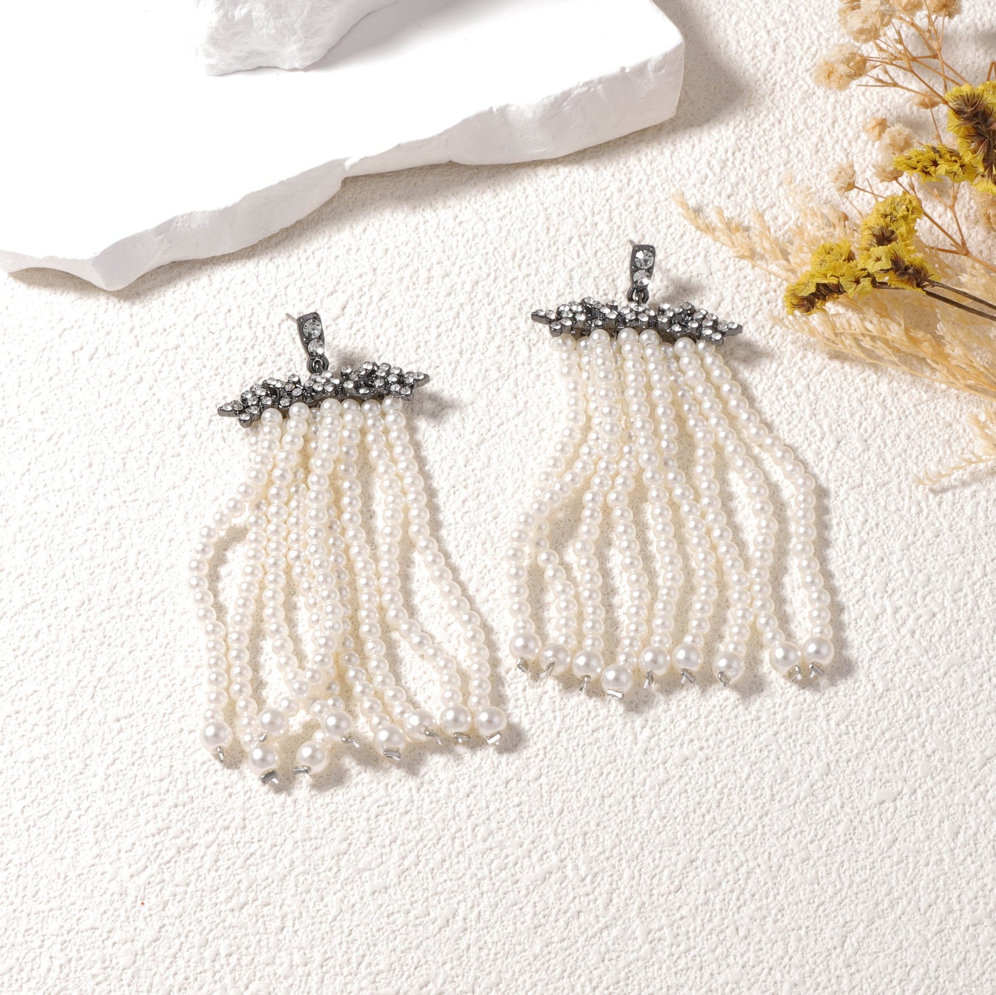 Creative and Exaggerated Geometric Pearl-Style Tassel Earrings for Women - Glamorous Zirconia Accents and Unique Design