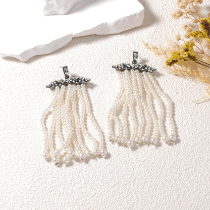 Creative and Exaggerated Geometric Pearl-Style Tassel Earrings for Women - Glamorous Zirconia Accents and Unique Design